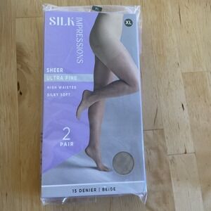 Silk Impressions ~ 2 Pair Pantyhose Beige 15 Denier Sheer Ultra Fine XL